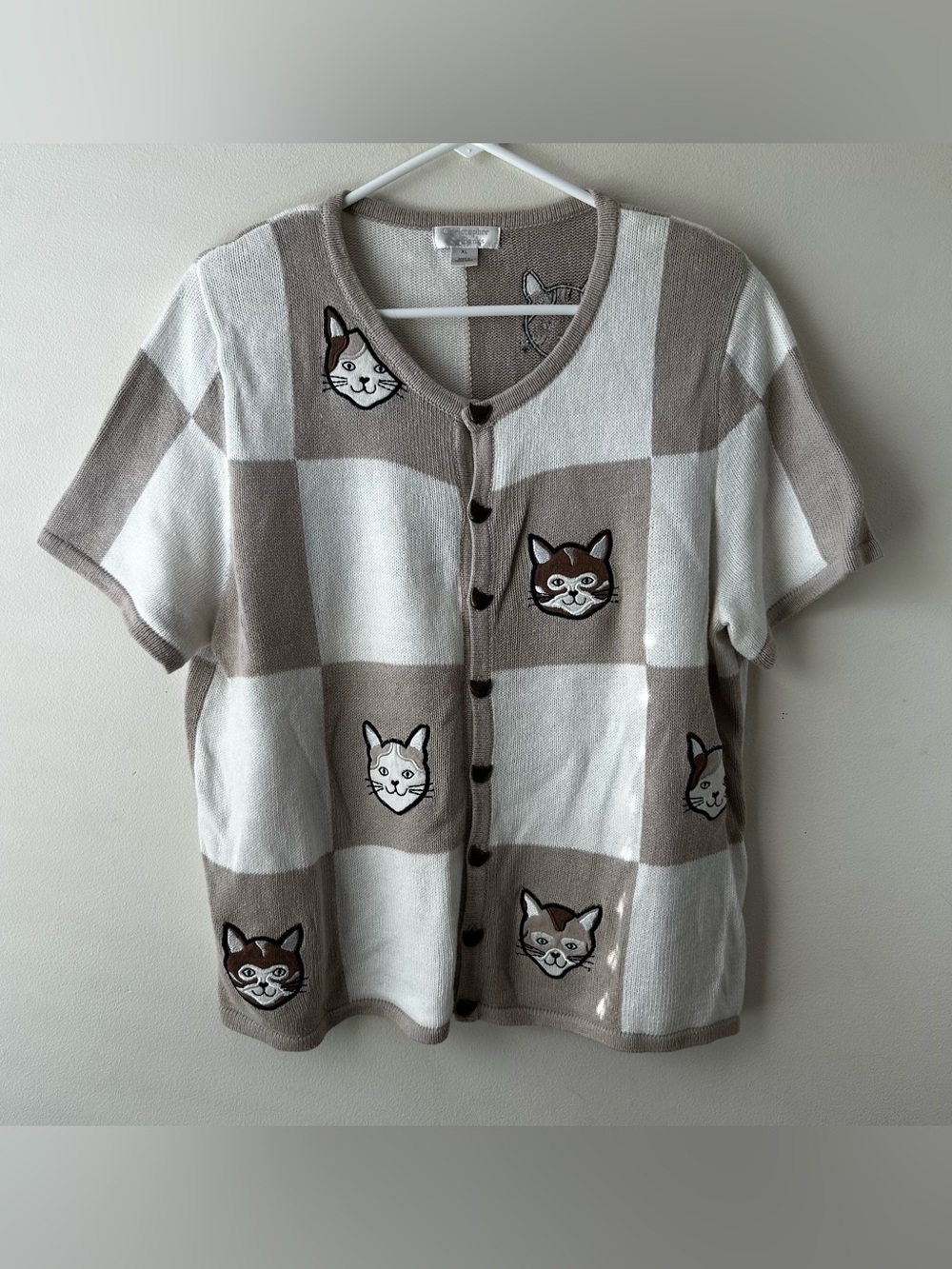 Vintage Christopher & Banks Patchwork Checkerboard Animal Cats Sweater Cardigan